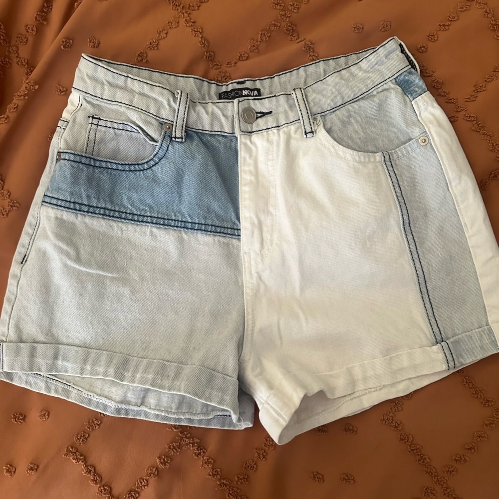 Fashion Nova Blue and White Jean Shorts Asymmetrical Design